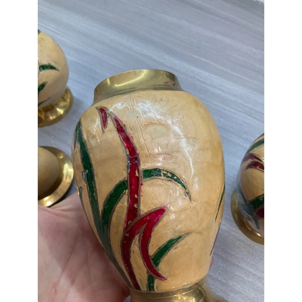 VINTAGE INDIAN BRASS HAND PAINTED ENAMEL JAR PITCHER AND VASE‎